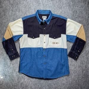 Vtg Express Rider Western Shirt Men L Pearl Snap Southwestern Denim Colorblock